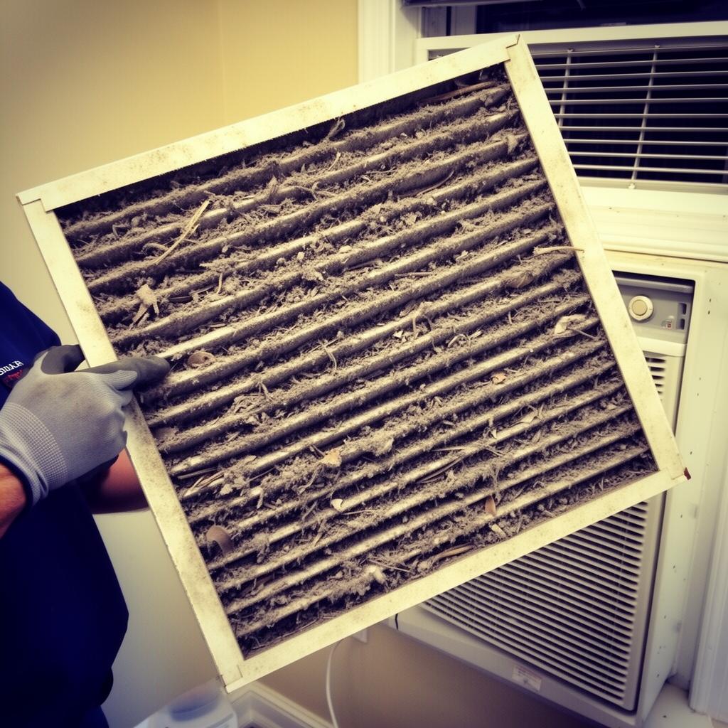 Clogged dirty air filter pulled from an Irving TX home AC system