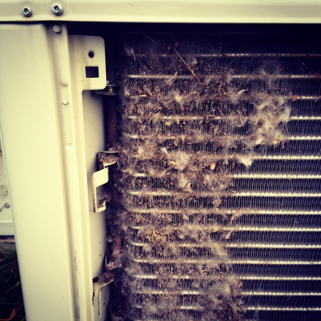 Dirty AC condenser coil clogged with debris at an Irving TX home