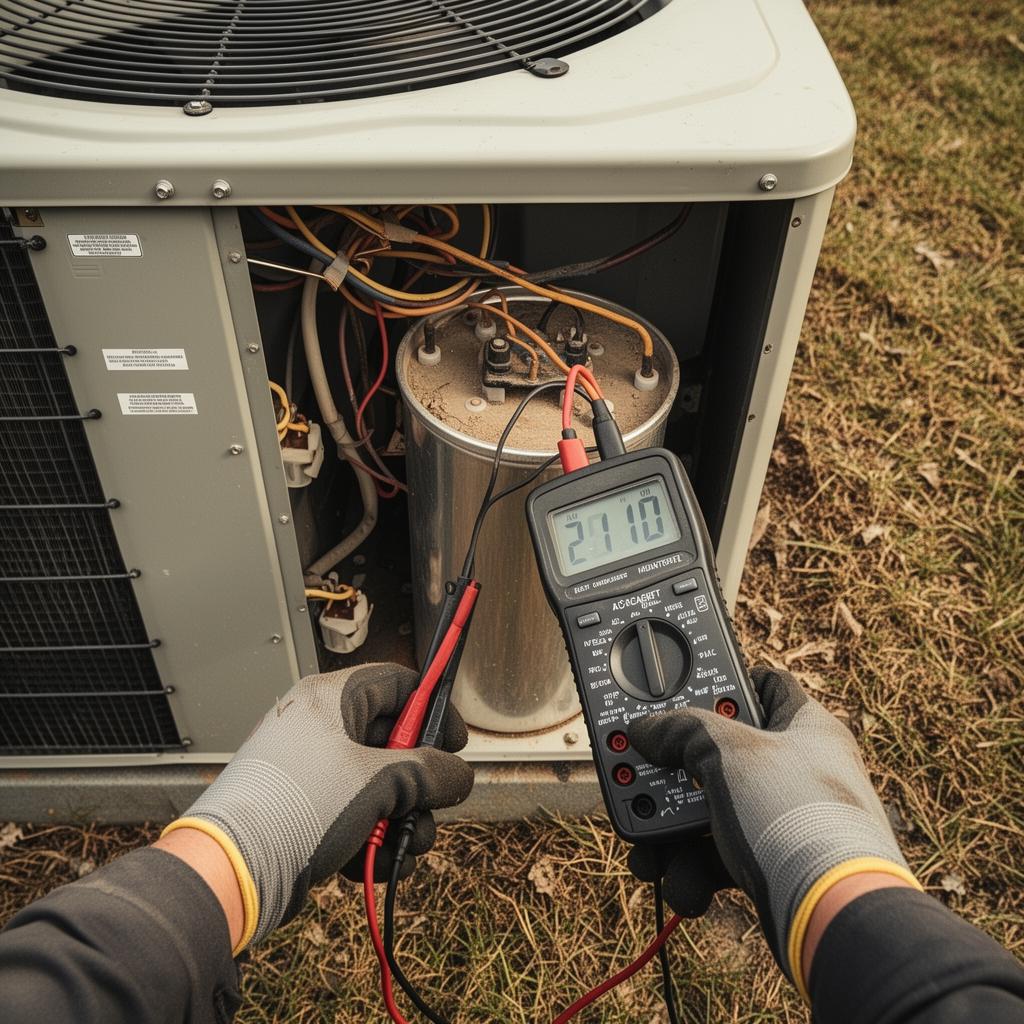 HVAC technician testing an AC capacitor with a multimeter during a repair in Irving TX